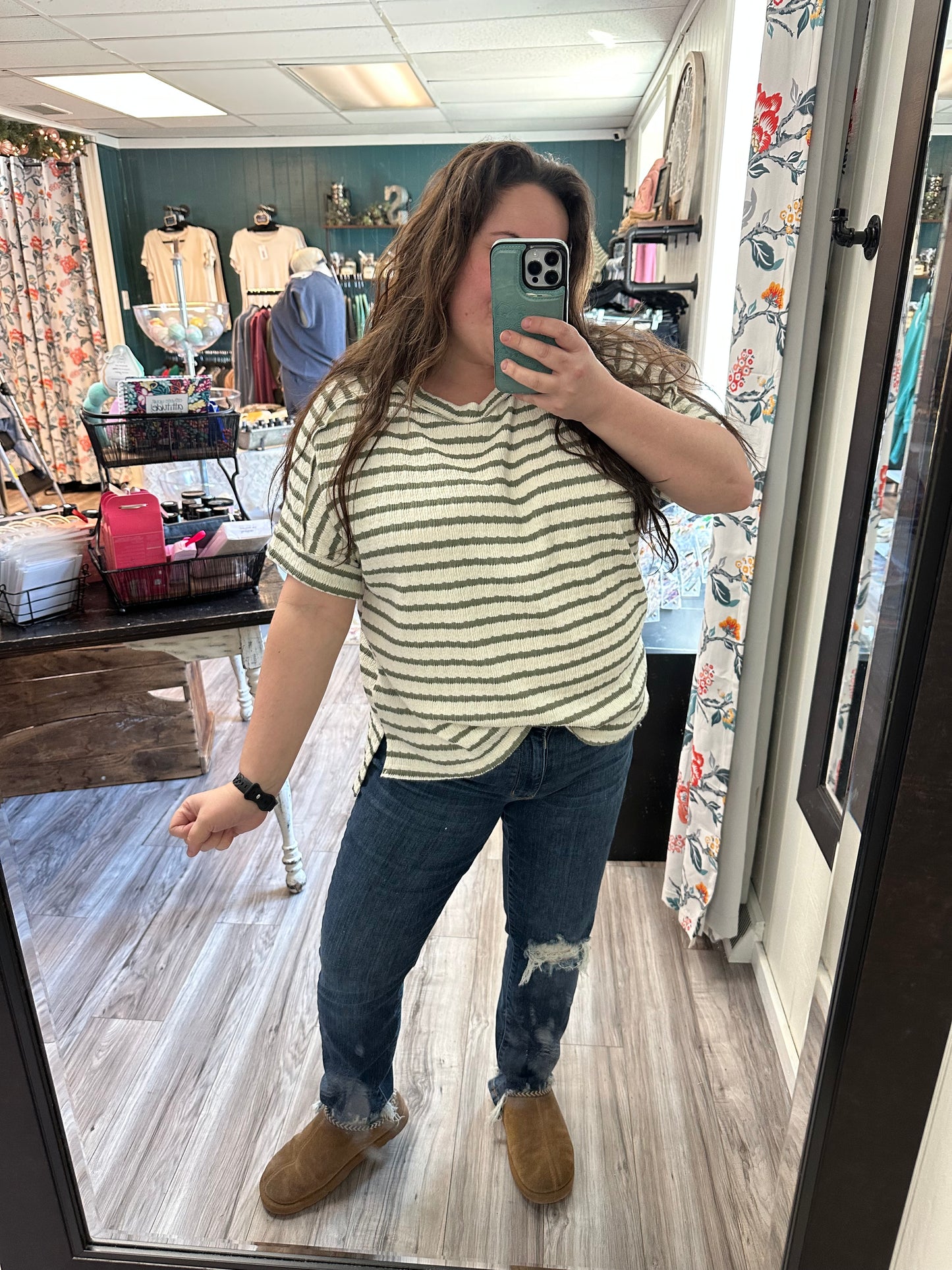 Olive striped short sleeve top