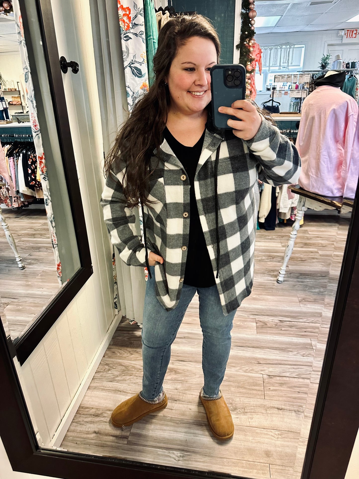 Brushed check hooded shacket
