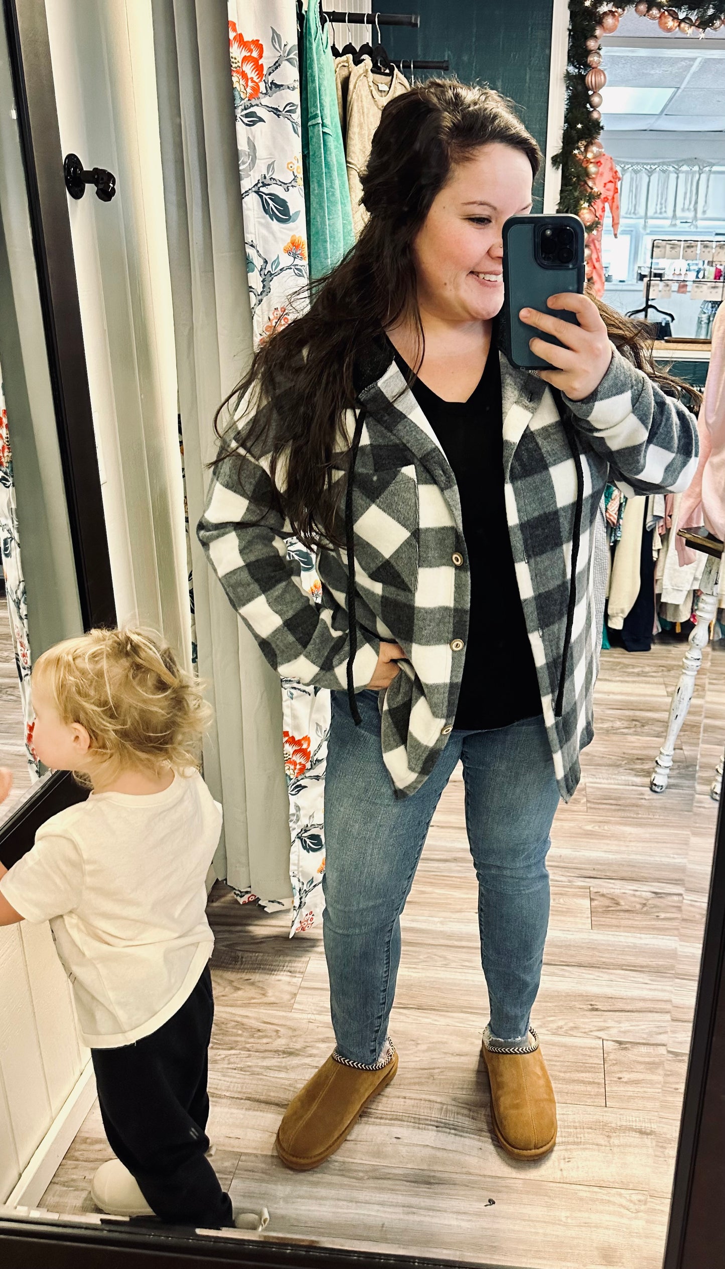 Brushed check hooded shacket