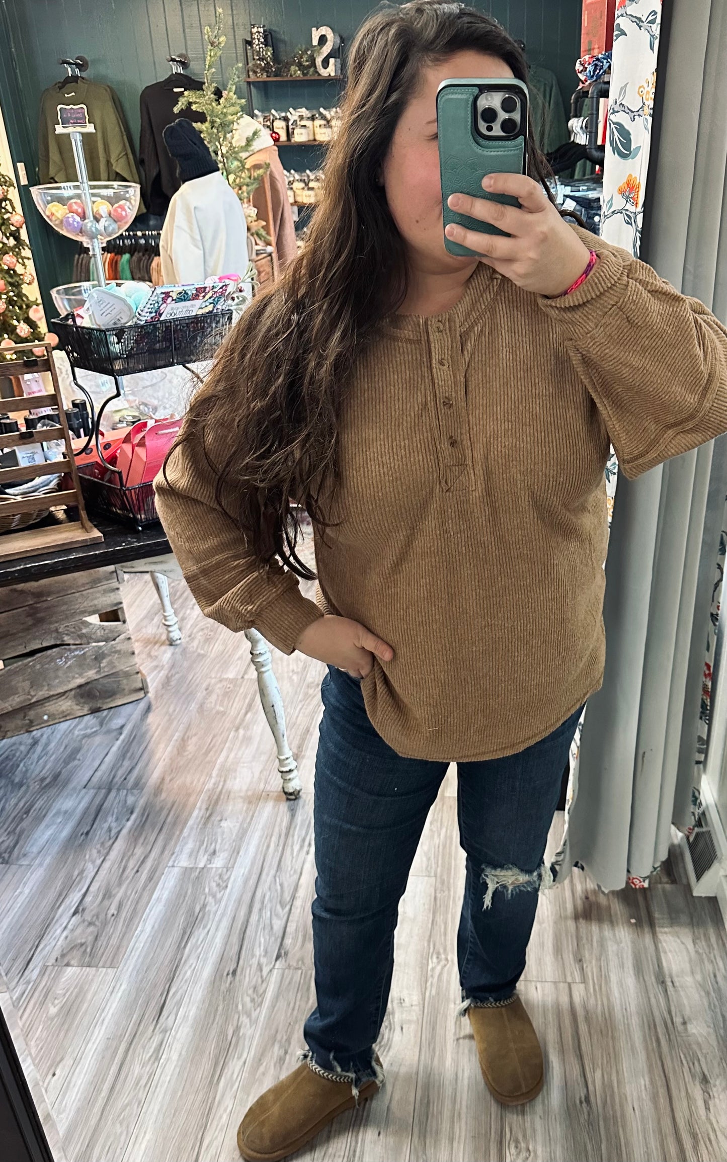 Brushed hacci henley button sweater