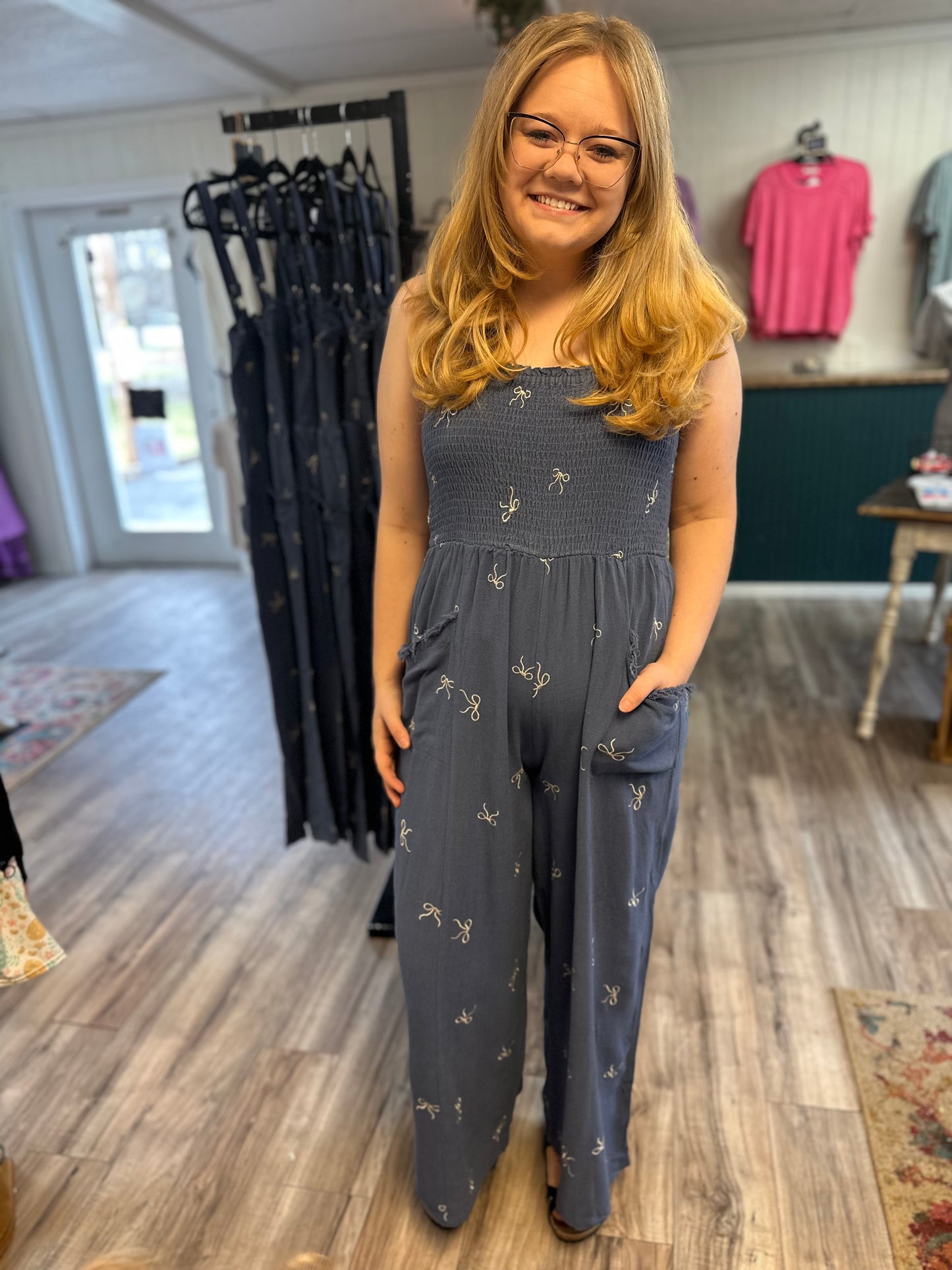 Linen smocked bow jumpsuit