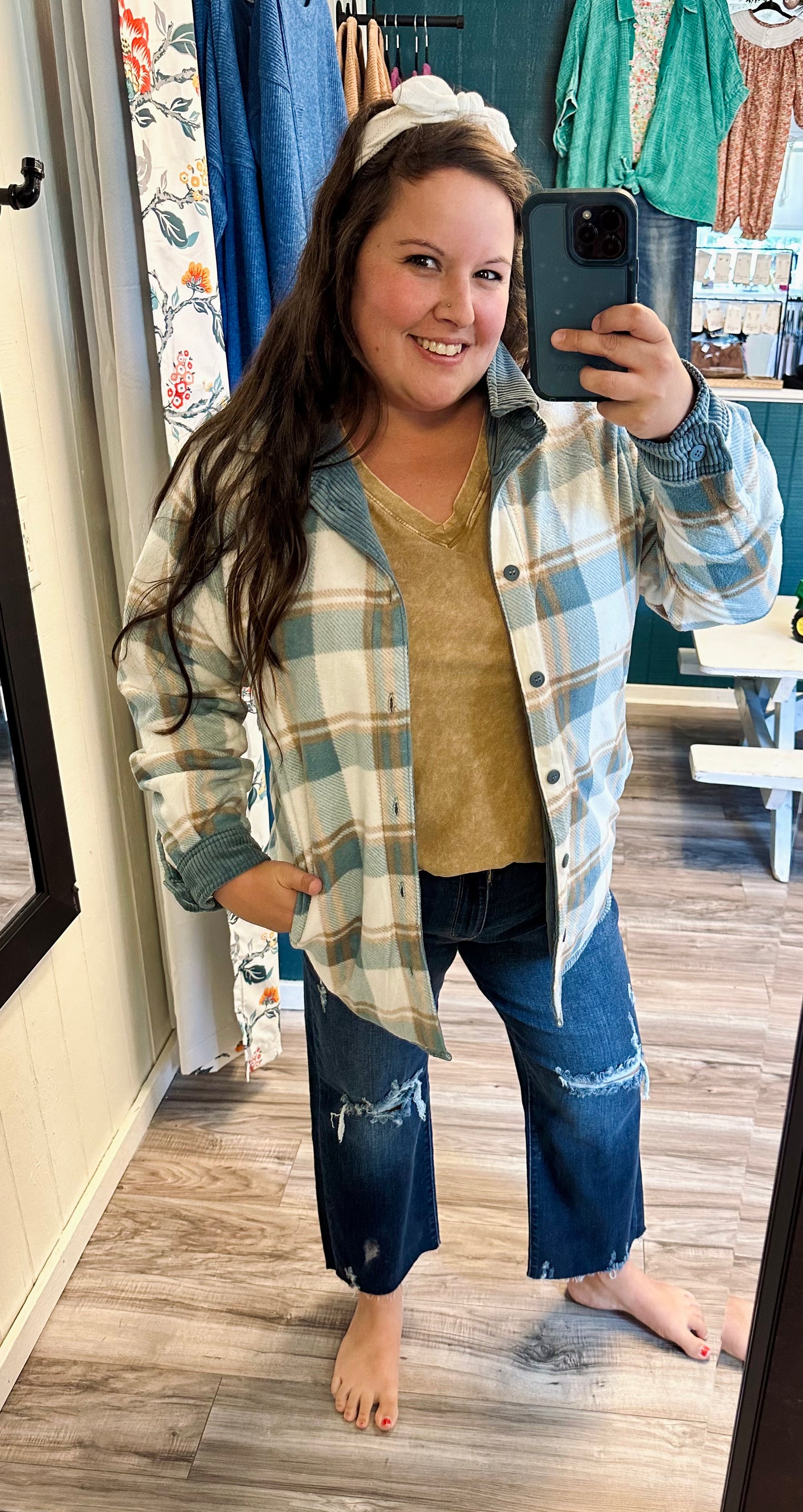 Corded reversible plaid shacket