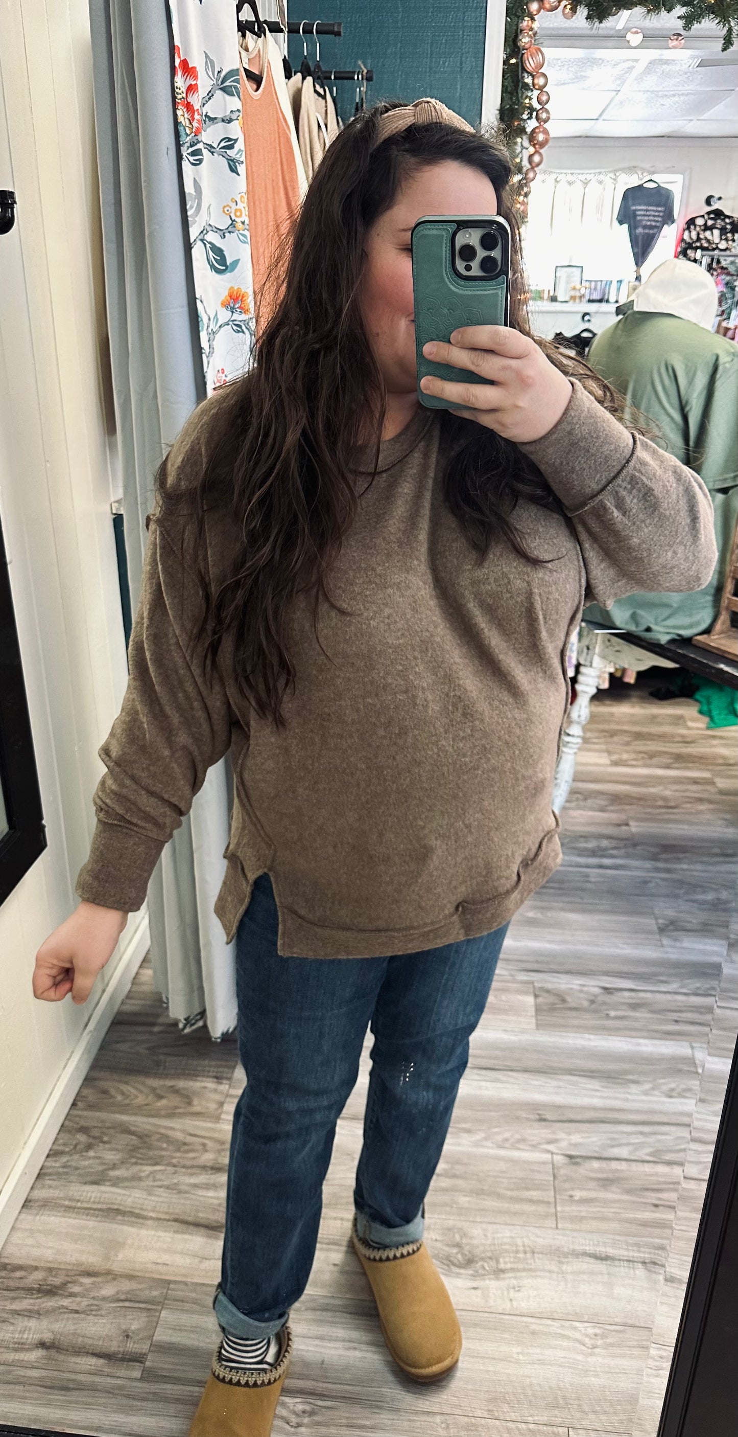 Reverse hem brushed sweater
