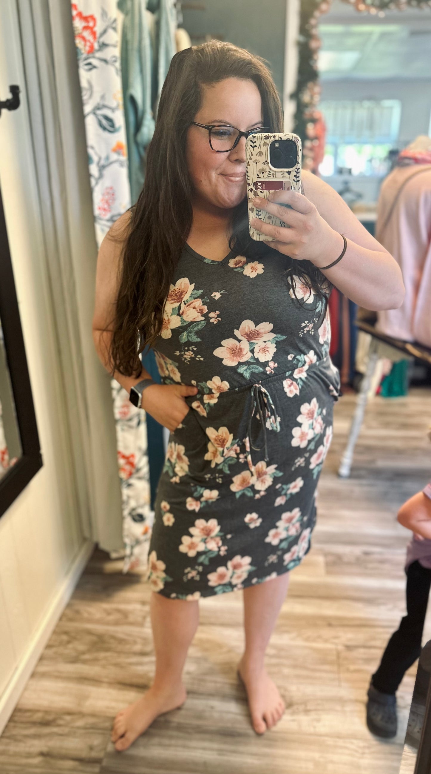 Blush floral drawstring midi dress