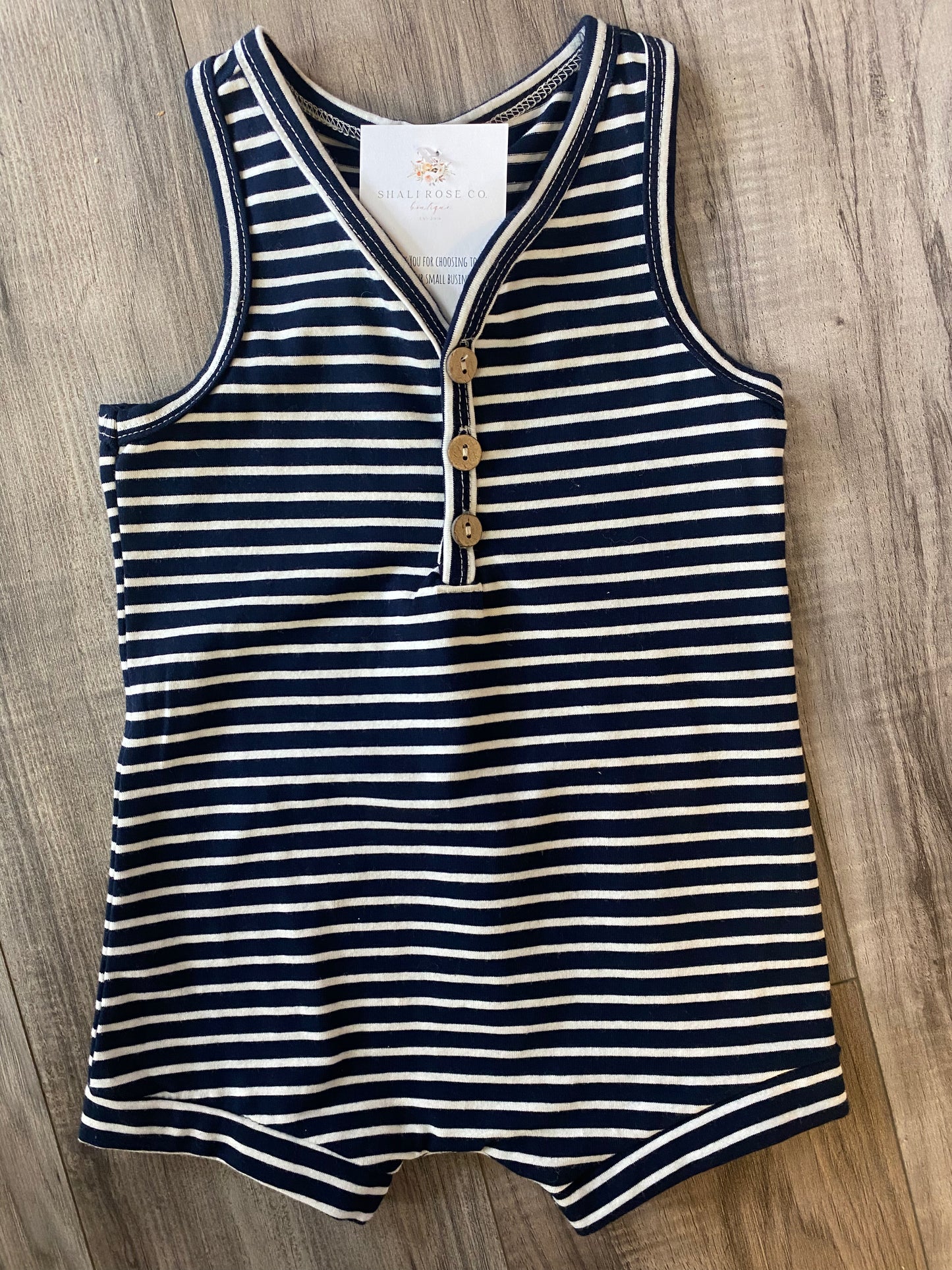 Navy faux button romper