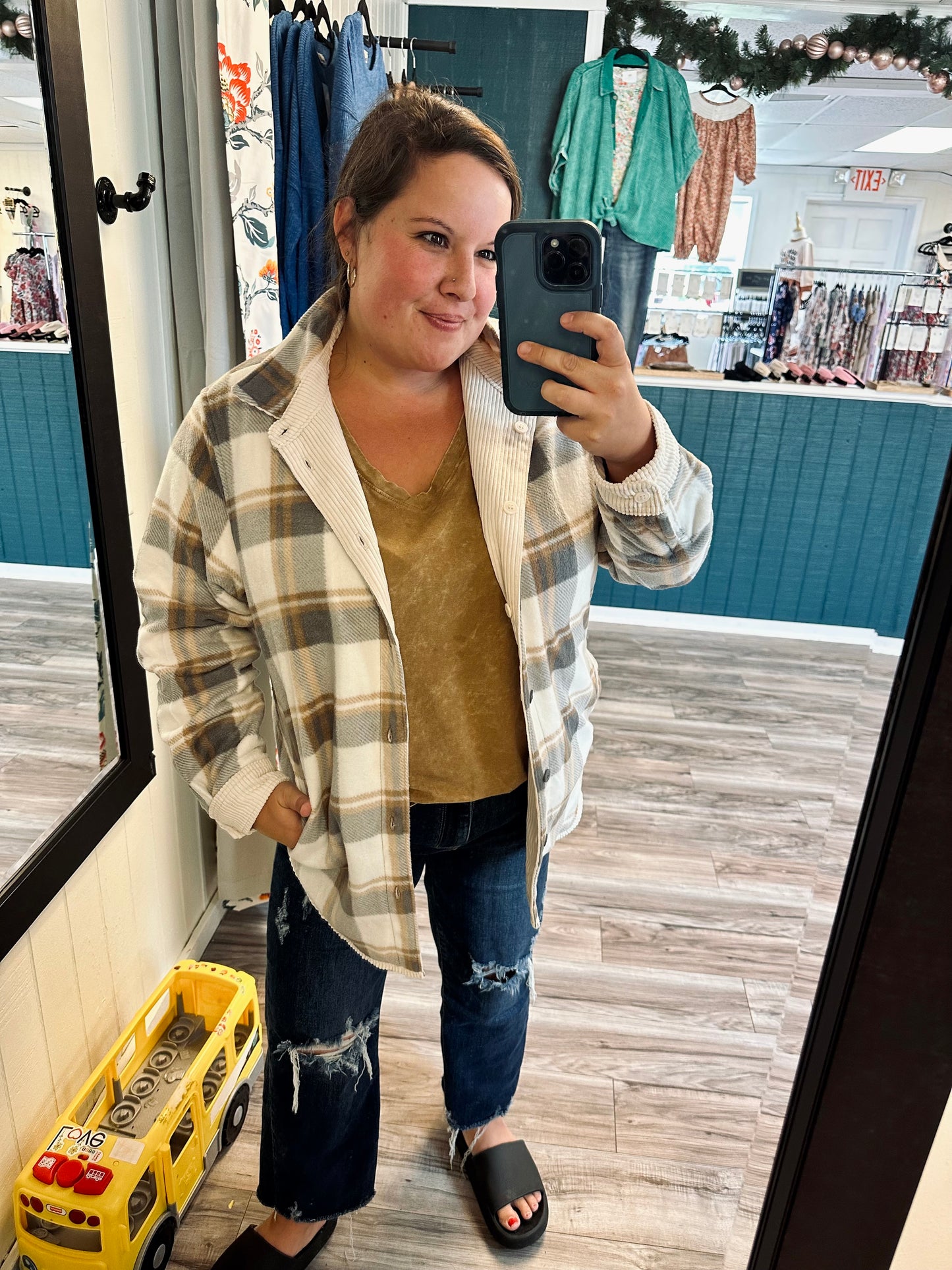 Corded reversible plaid shacket