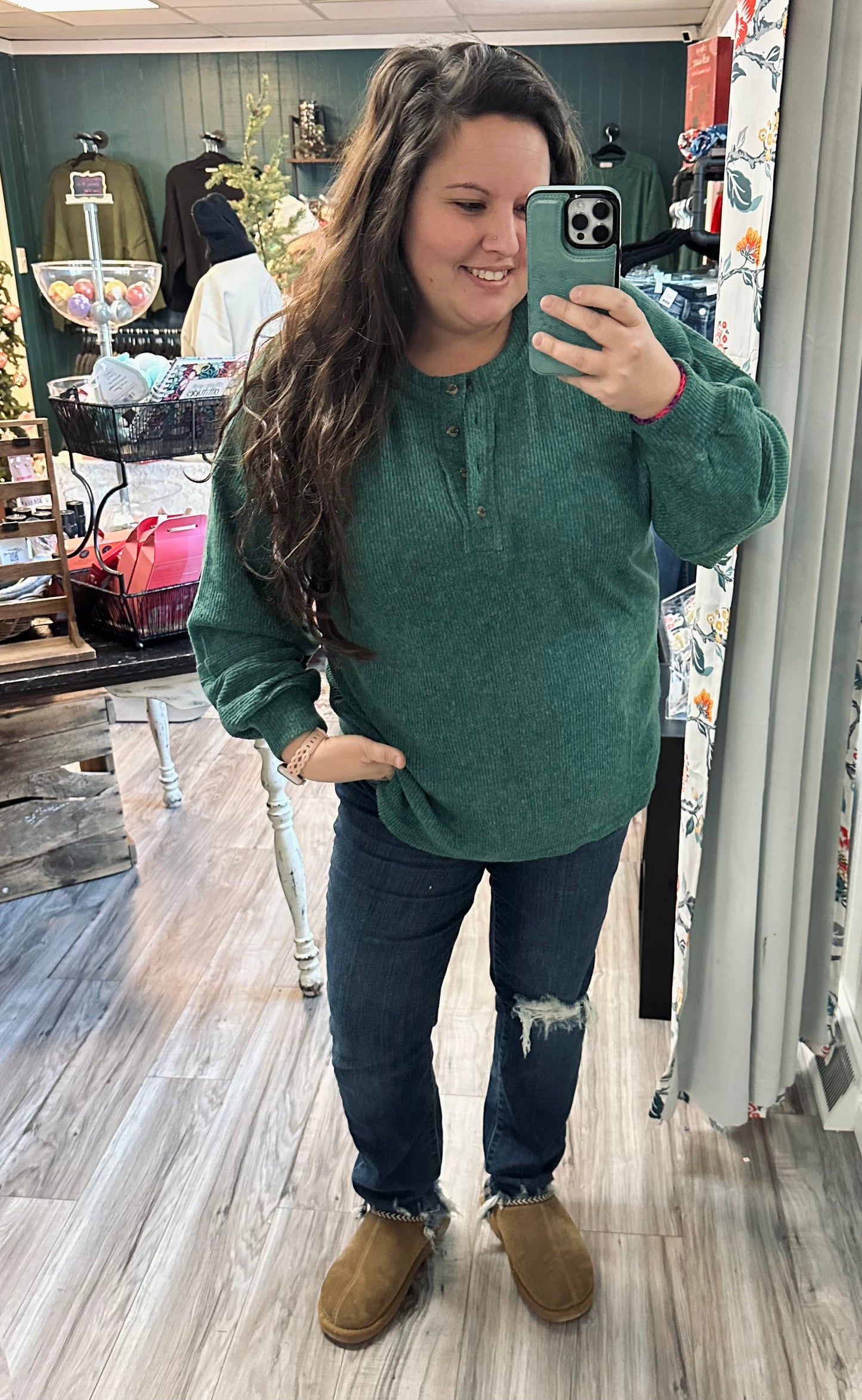 Brushed hacci henley button sweater