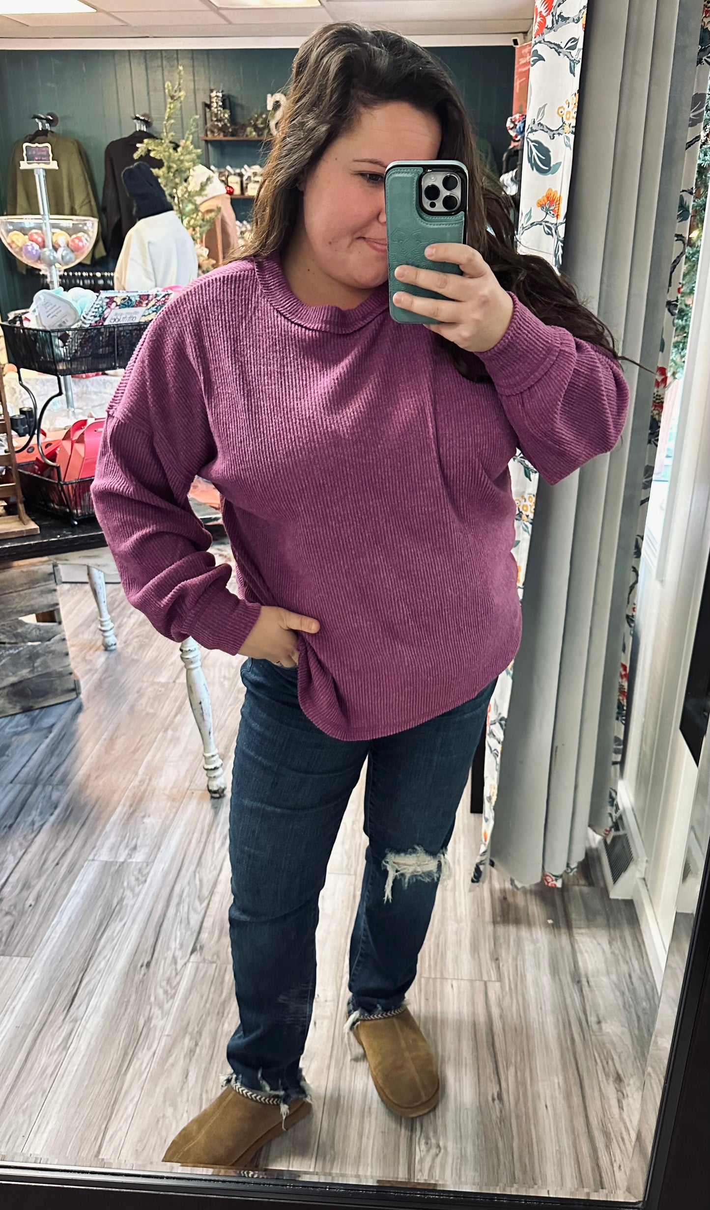 Brushed hacci round neck top