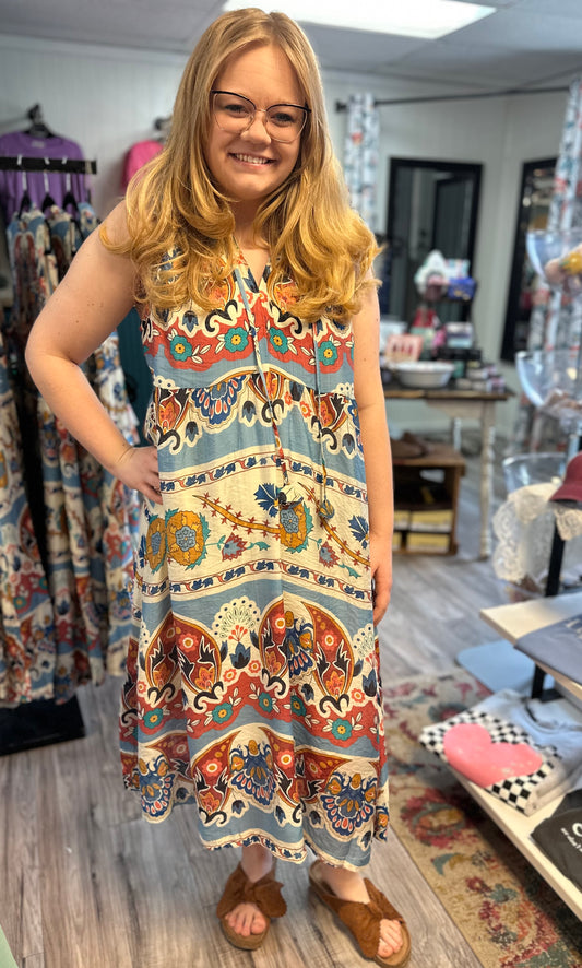 Boho floral sleeveless midi dress