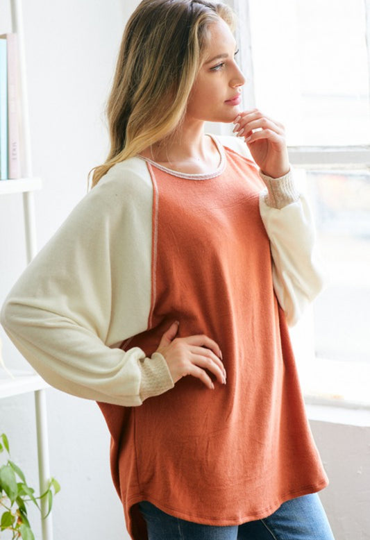 Brushed hacci colorblock top