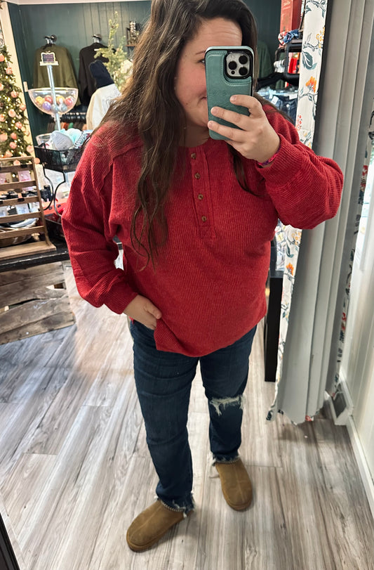 Brushed hacci henley button sweater