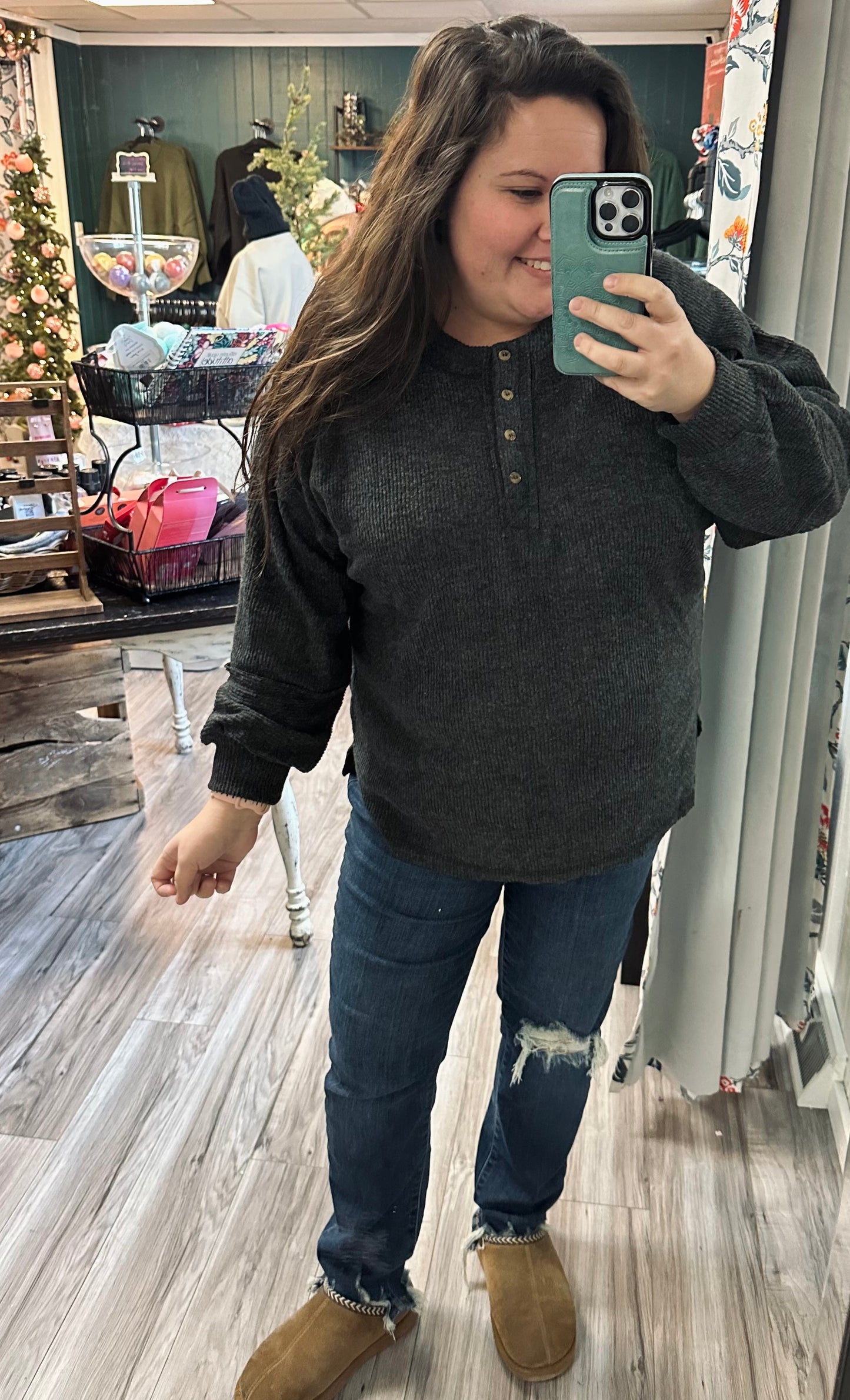 Brushed hacci henley button sweater