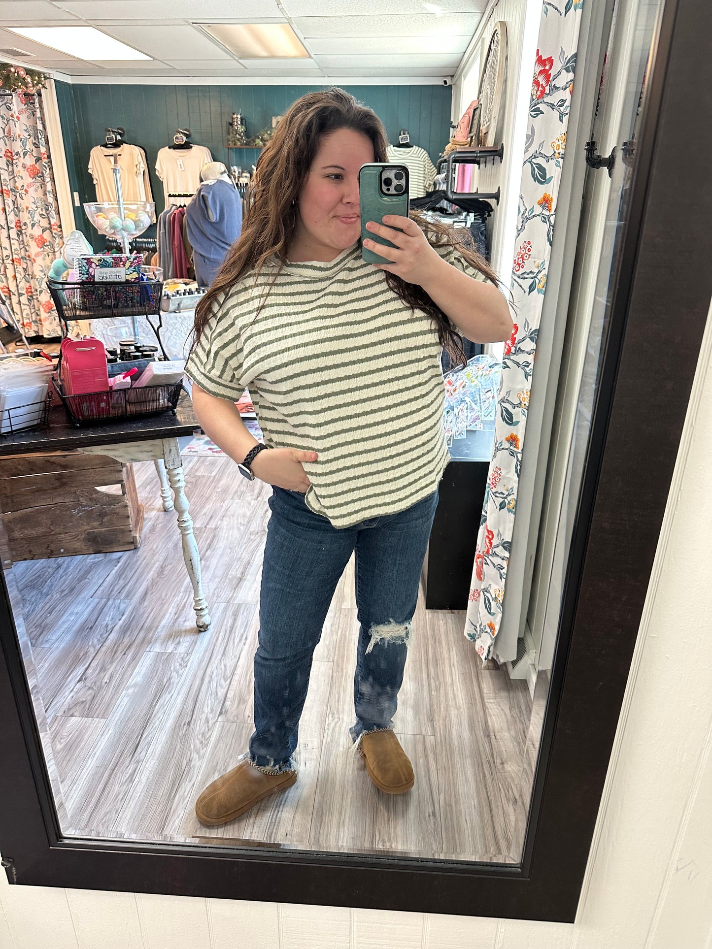 Olive striped short sleeve top