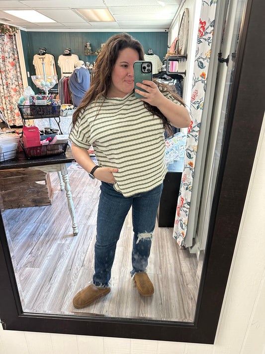 Olive striped short sleeve top