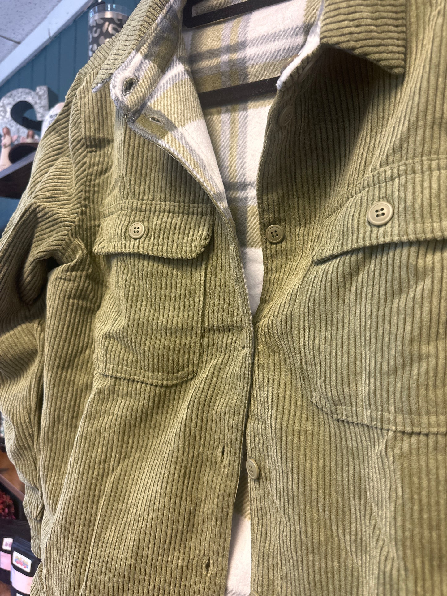 Corded reversible plaid shacket