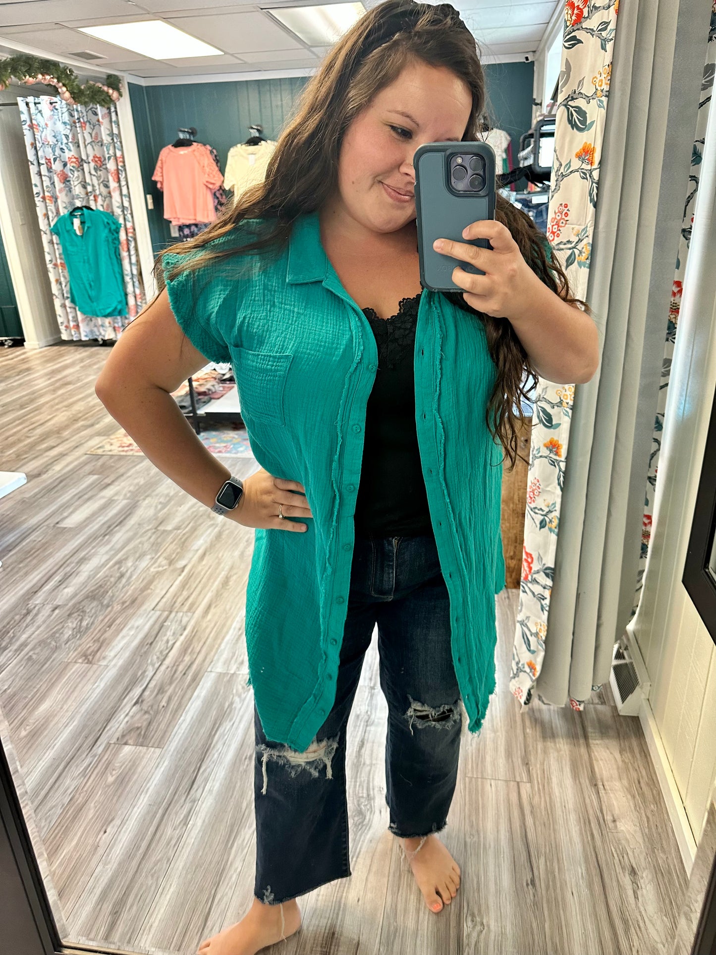 Green gauze button dress