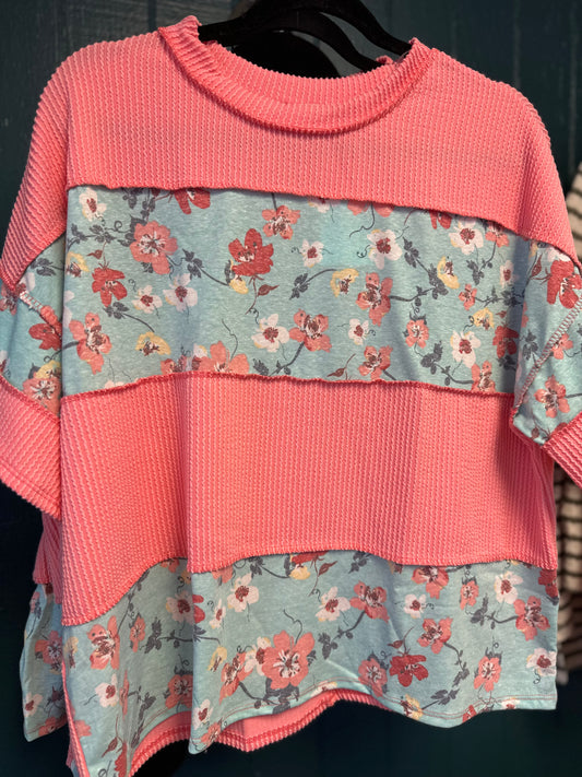 Floral ribbed colorblock top