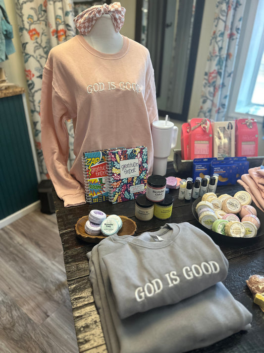 God is good embroidered crew
