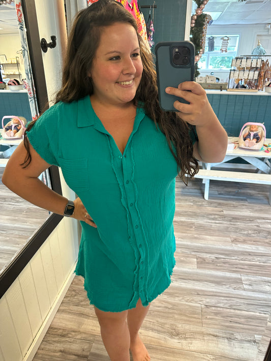 Green gauze button dress