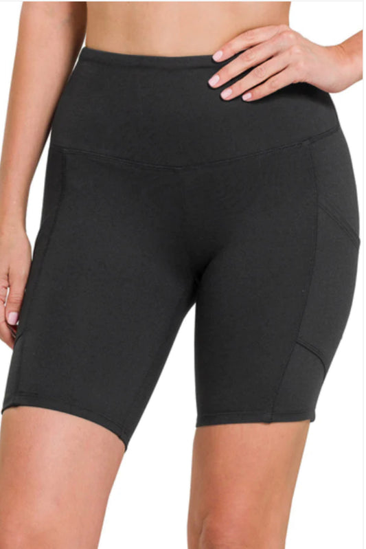 Buttery black biker shorts with pockets